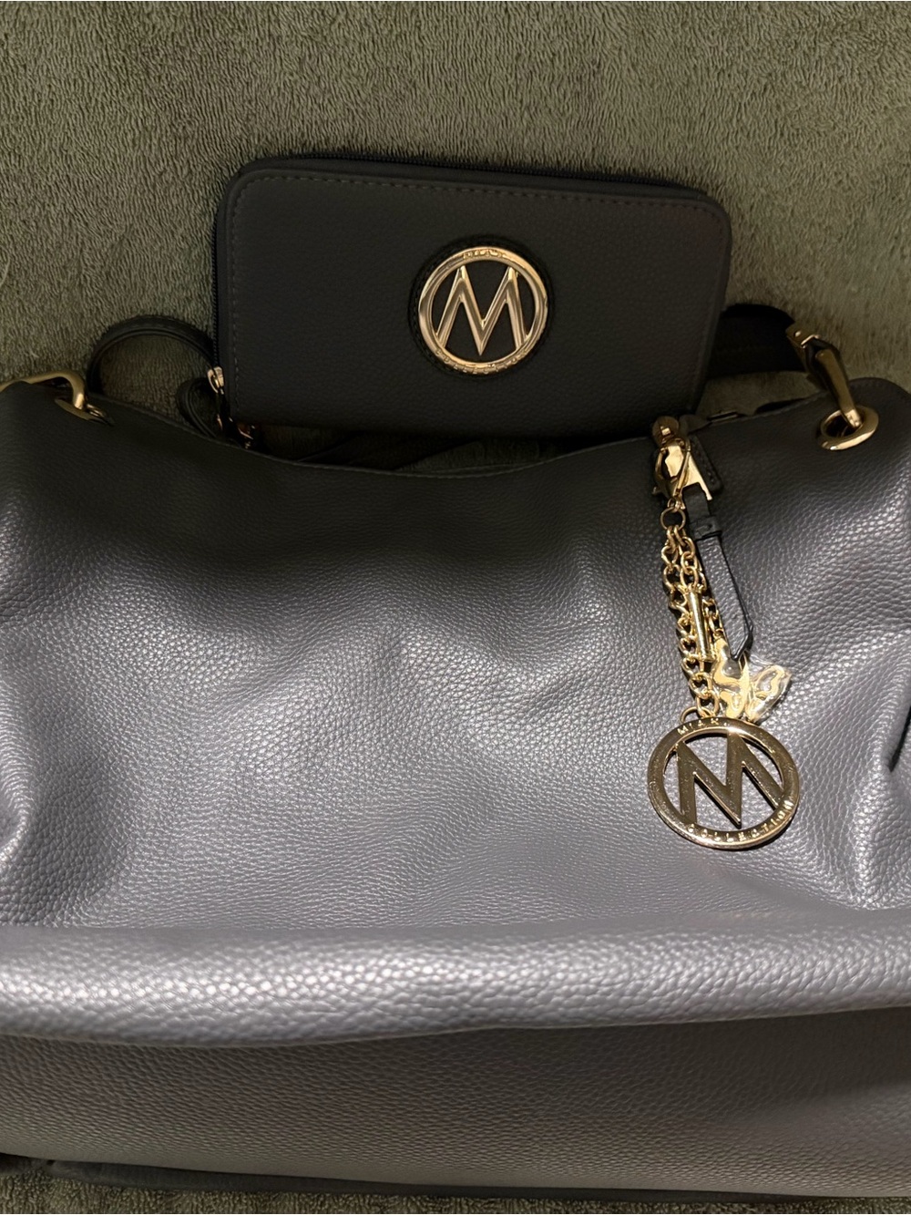 Black Leather Tote with Gold Logo Charm -